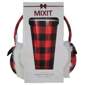 Travel Mug Ear Muff Set Christmas Red/Black Plaid